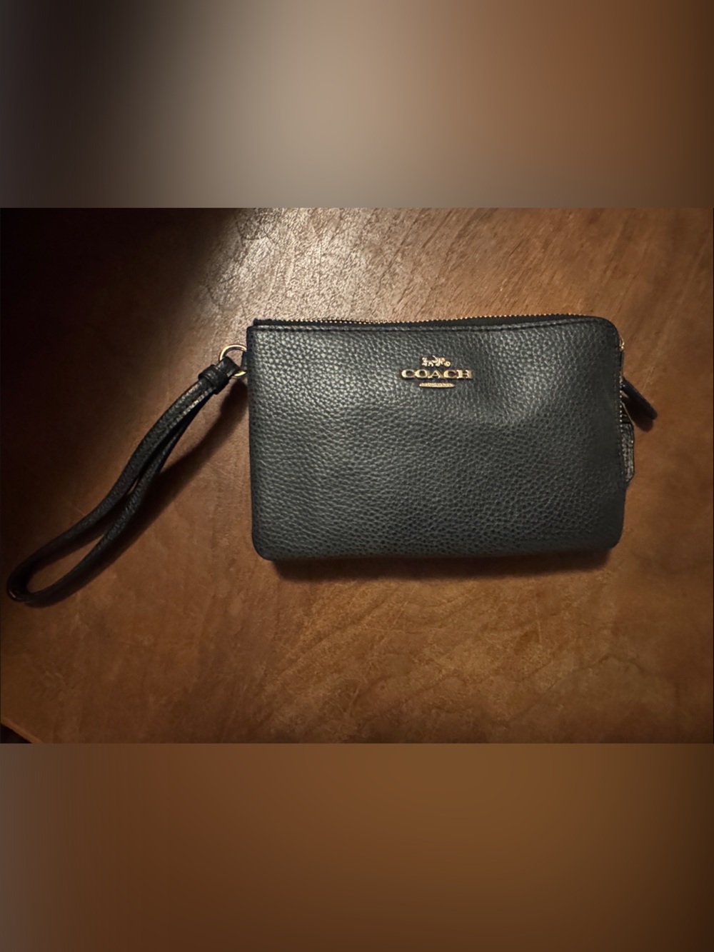 Coach Pebbled Leather Wristlet Wallet in Black with Gold Hardware